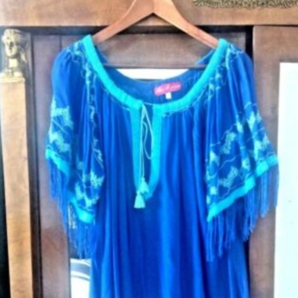 Dress XL Embroidered Boho hippie tassels blue beachwear - Picture 2 of 5